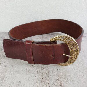 Vintage Wide Leather Belt Brown Engraved Buckle Boho Western Whimsigoth Resort S